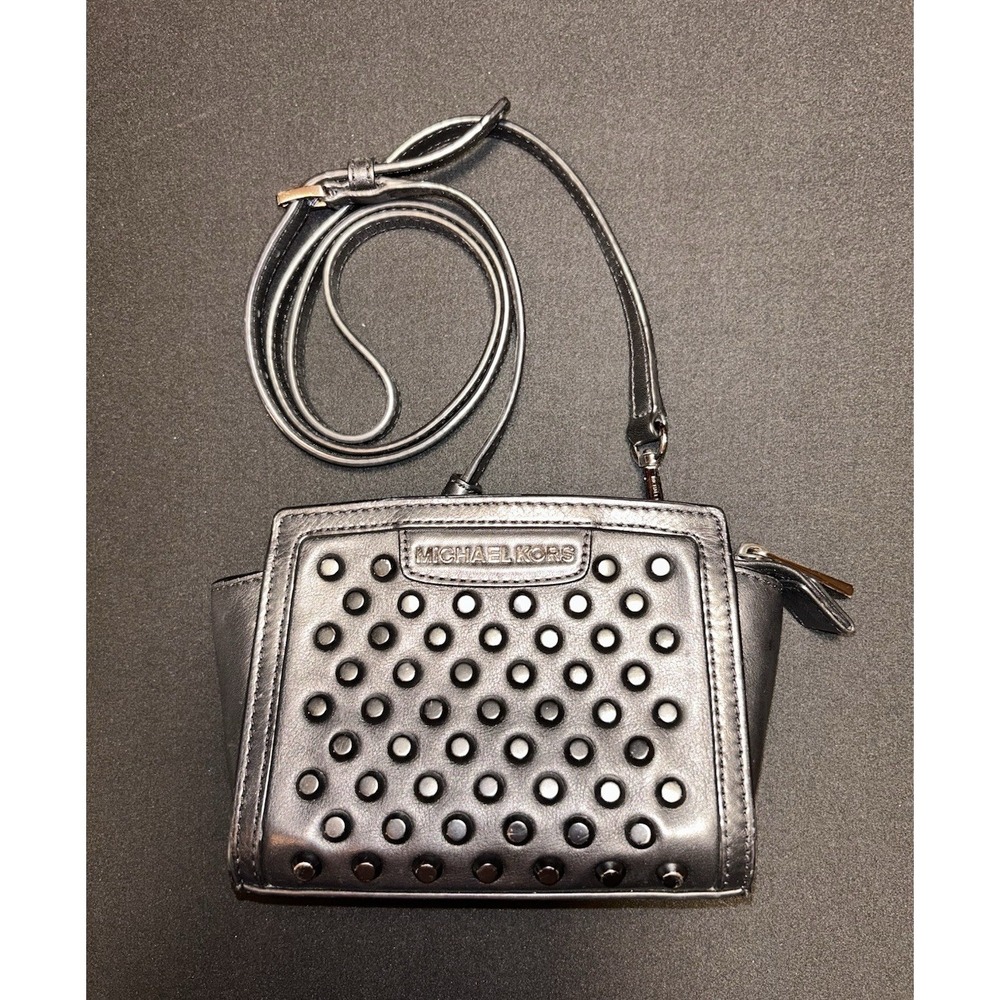 Michael Kors Vintage Black Leather Studded Crossbody Bag Purse Y2K Grunge Small